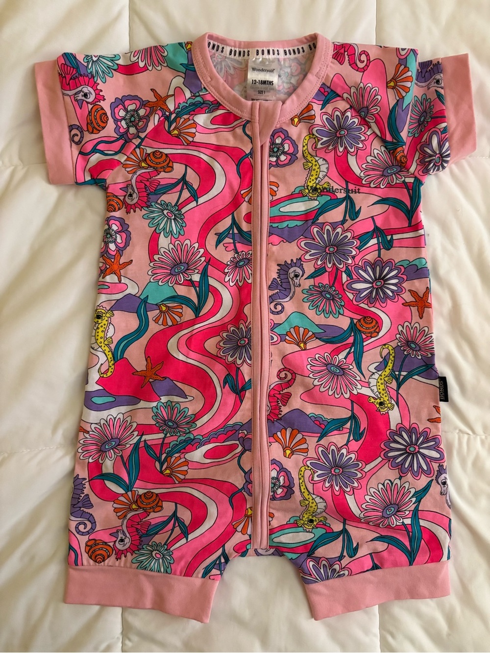 🌸 BONDS Pink Floral + Seahorse Wondersuit Shortie/Romper